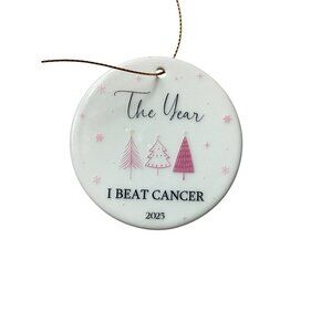 The Year I Beat Cancer 2025 Ceramic Christmas Tree Ornament With Pink Trees*NWB